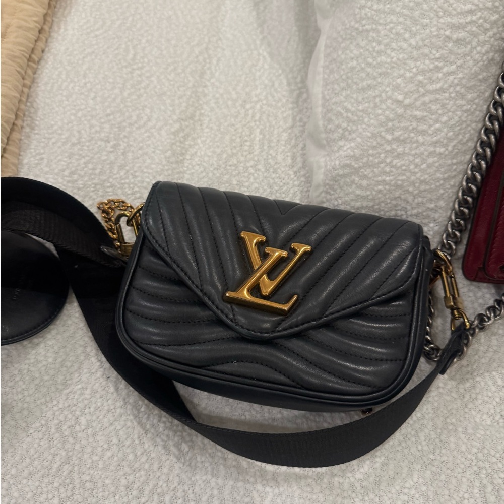 Louis Vuitton Black Quilted Shoulder Bag with Gold Logo